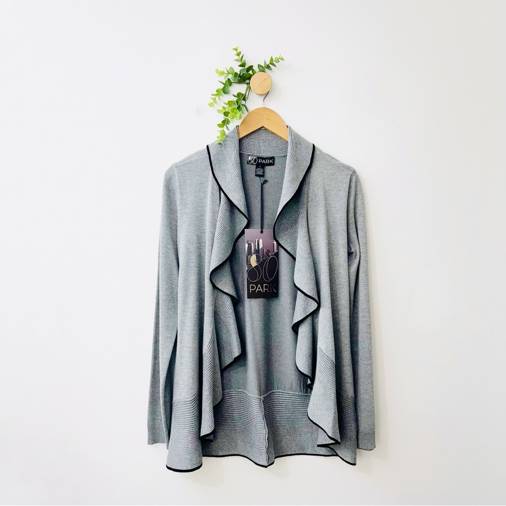 80 Park NWT Gray Ruffle Trim Open Front Cardigan Sweater